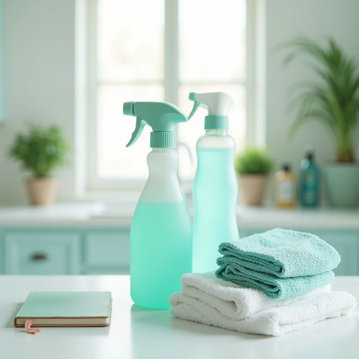 Neatly arranged eco-friendly cleaning supplies on a bright counter