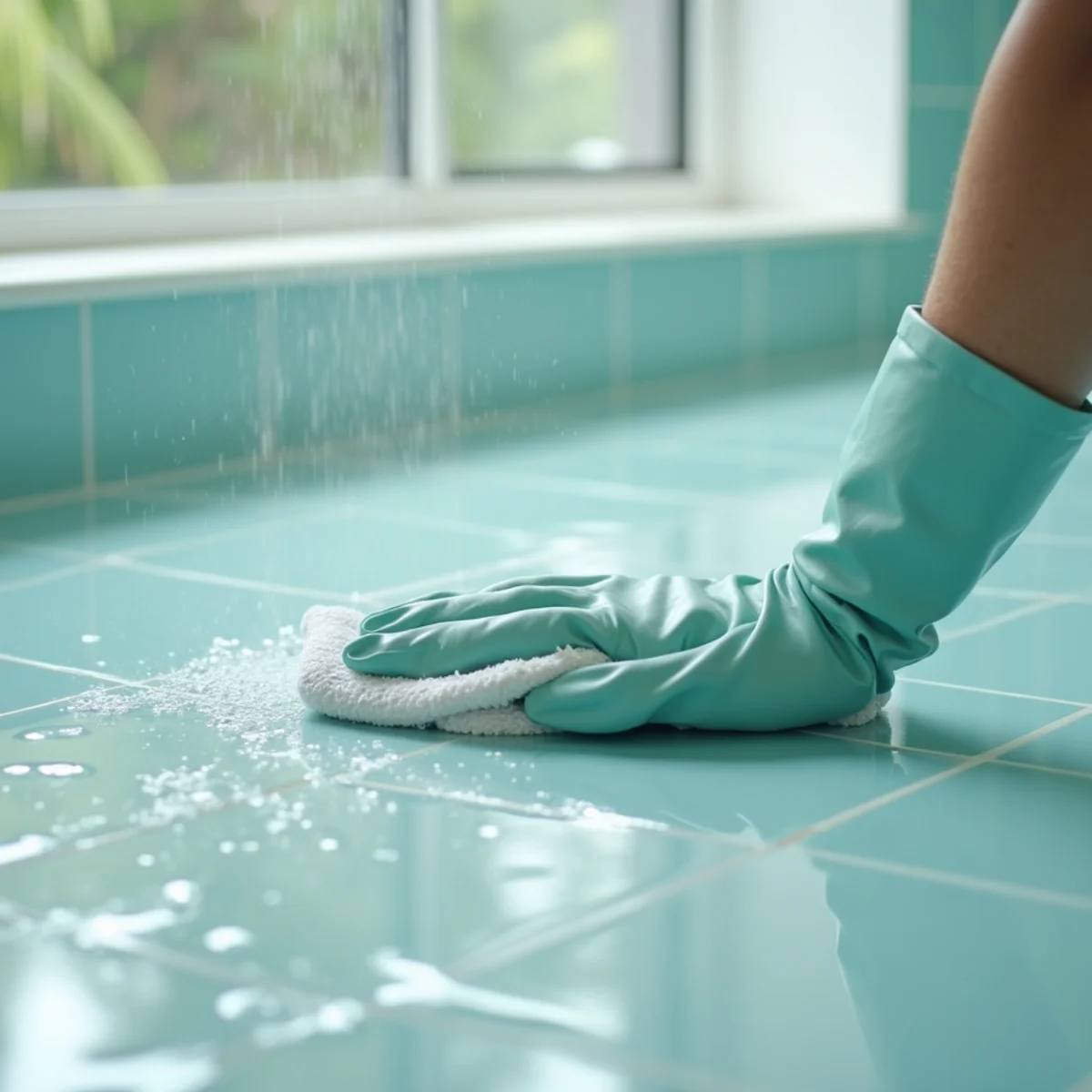 Gloved Krystal View cleaner detailing sparkling shower tile and grout in a Florida bathroom