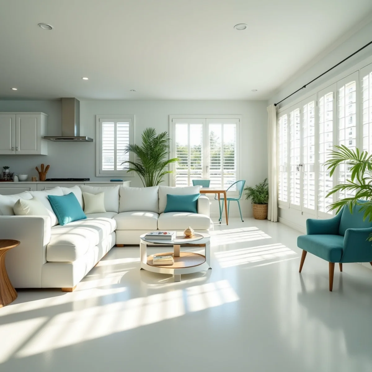 Bright, spotless Florida living room and kitchen cleaned by Krystal View Cleaning — House Cleaning Services Florida